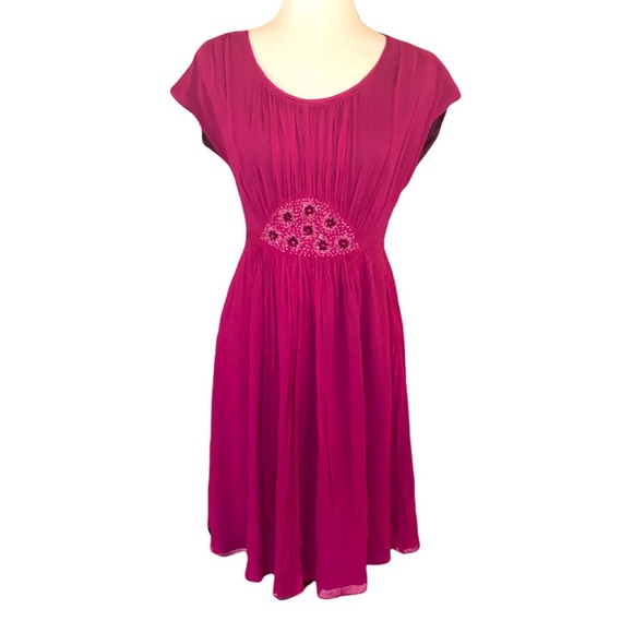 Boden Beaded Jeweled Georgette Fuchsia Pink Scoop Neck Midi Dress - 4 - Picture 4 of 14